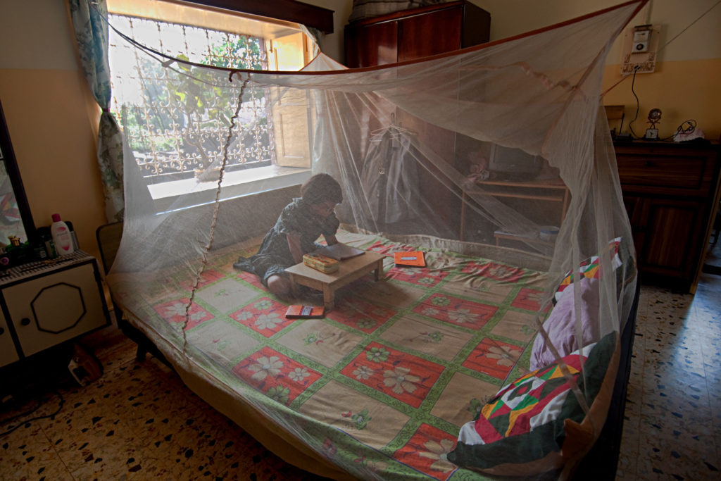 Girl studies under malaria net in India